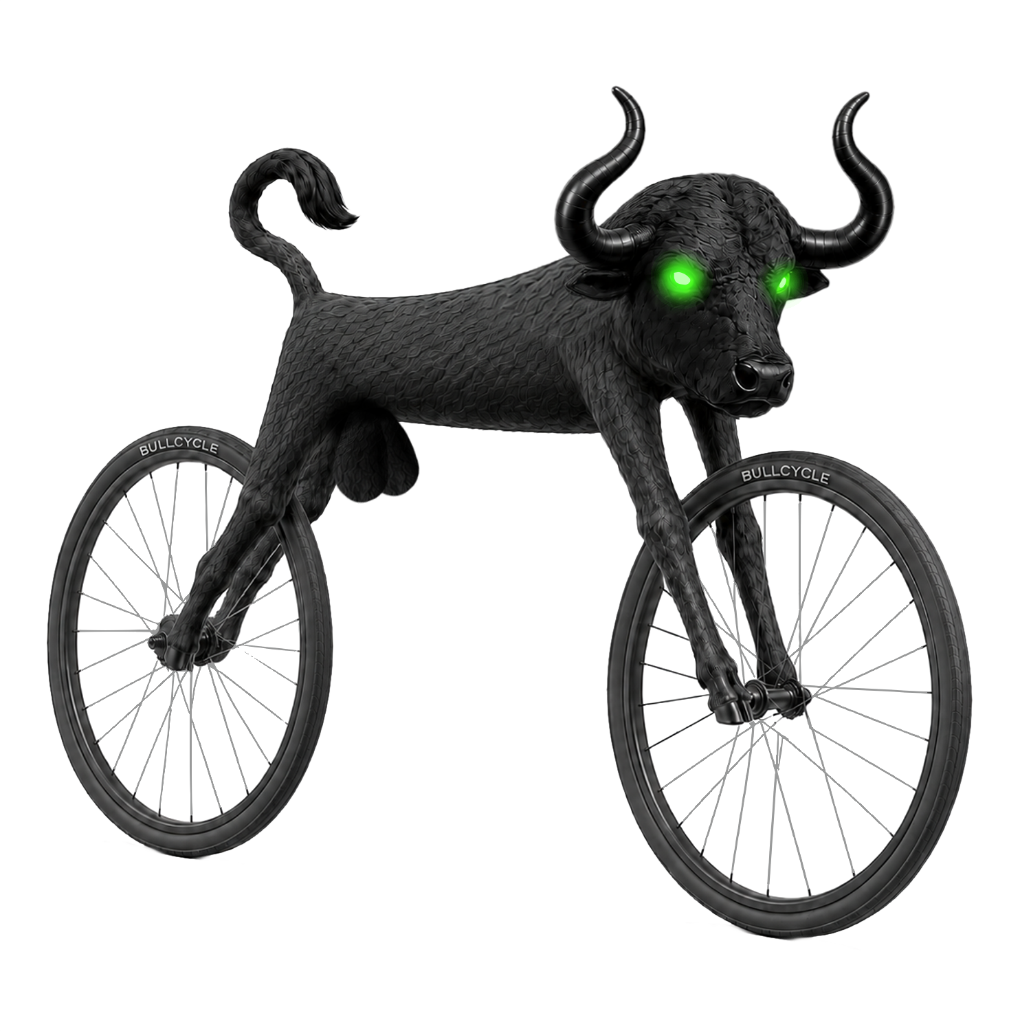 BULLCYCLE mascot — a black bull with glowing green eyes fused with a bicycle