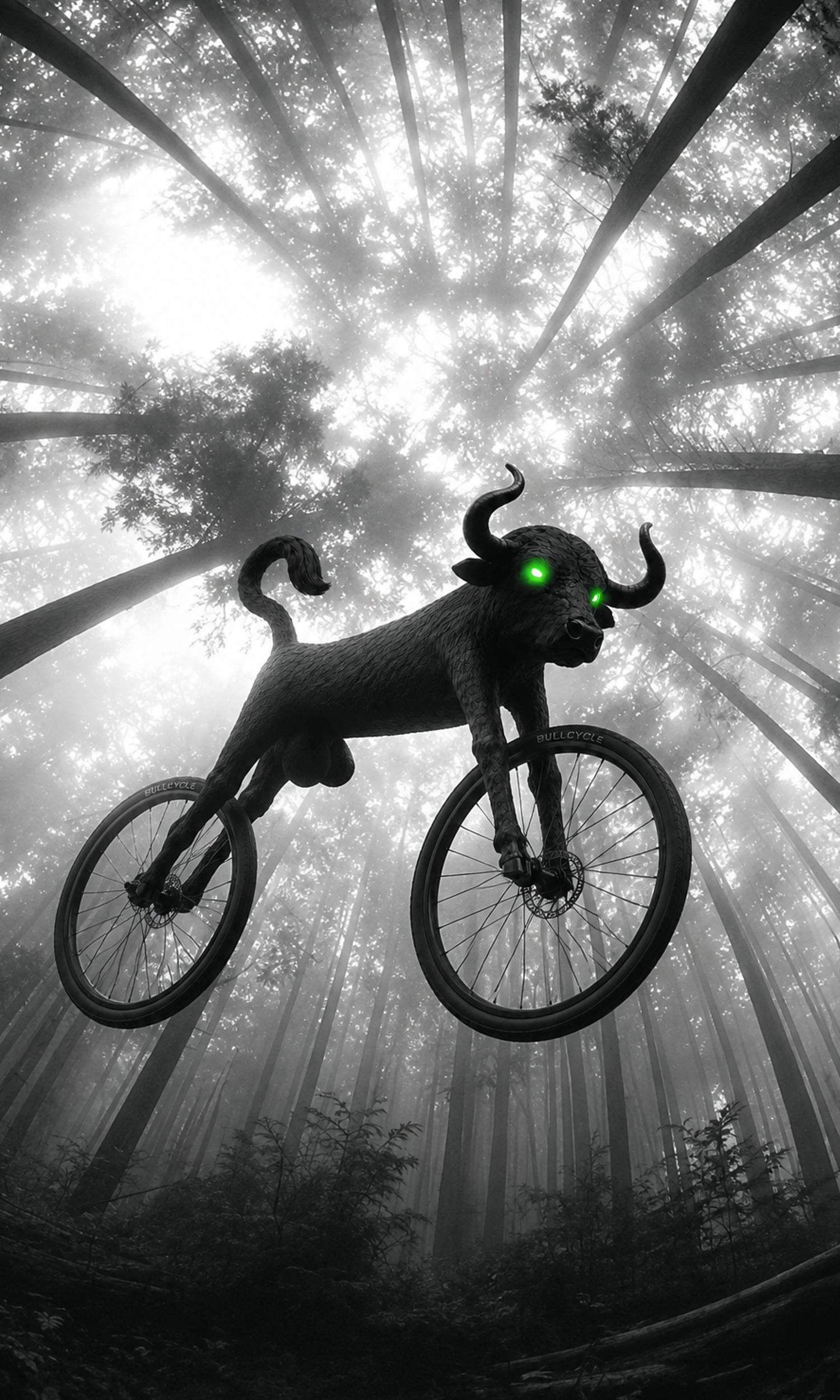 BULLCYCLE bull-bicycle flying through a misty forest