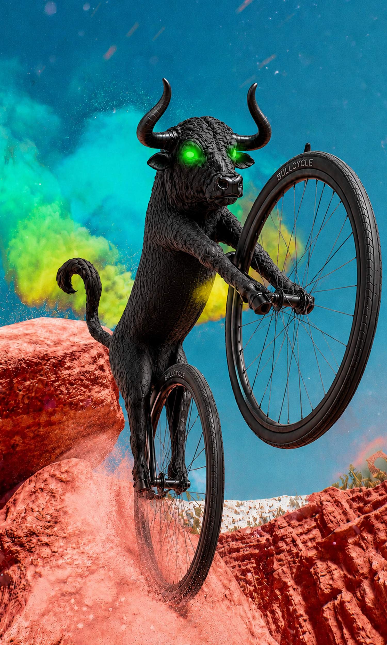 BULLCYCLE bull rearing up on red canyon rocks in space